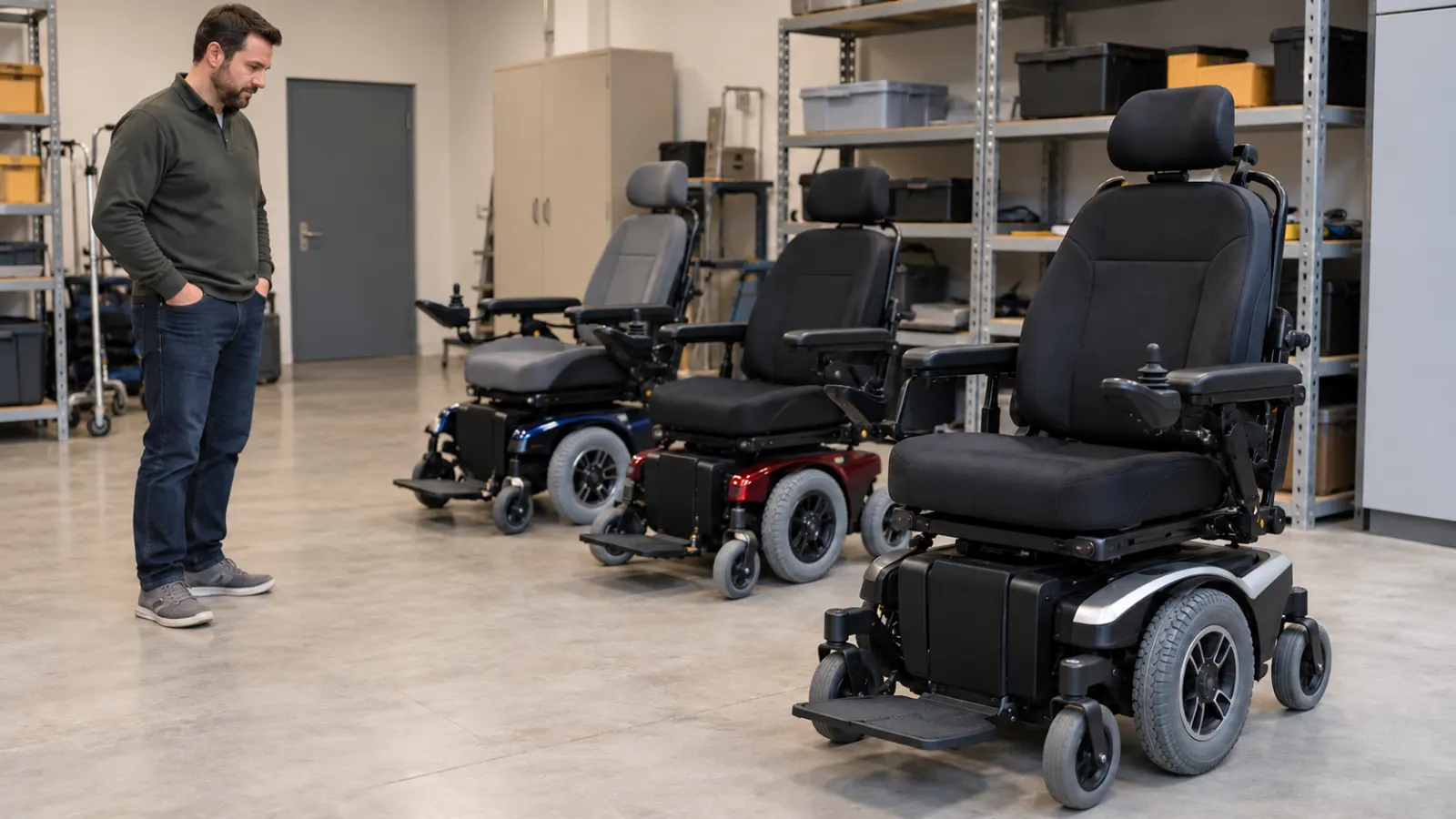 Man standing beside three electric power wheelchairs arranged in an equipment storage room
