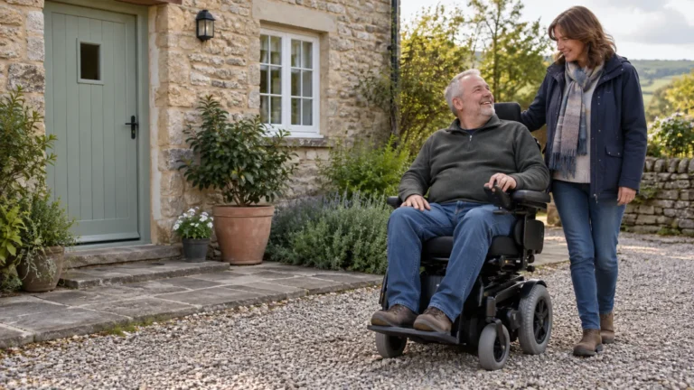 A power wheelchair user with a companion on a gravel area outside a stone cottage.