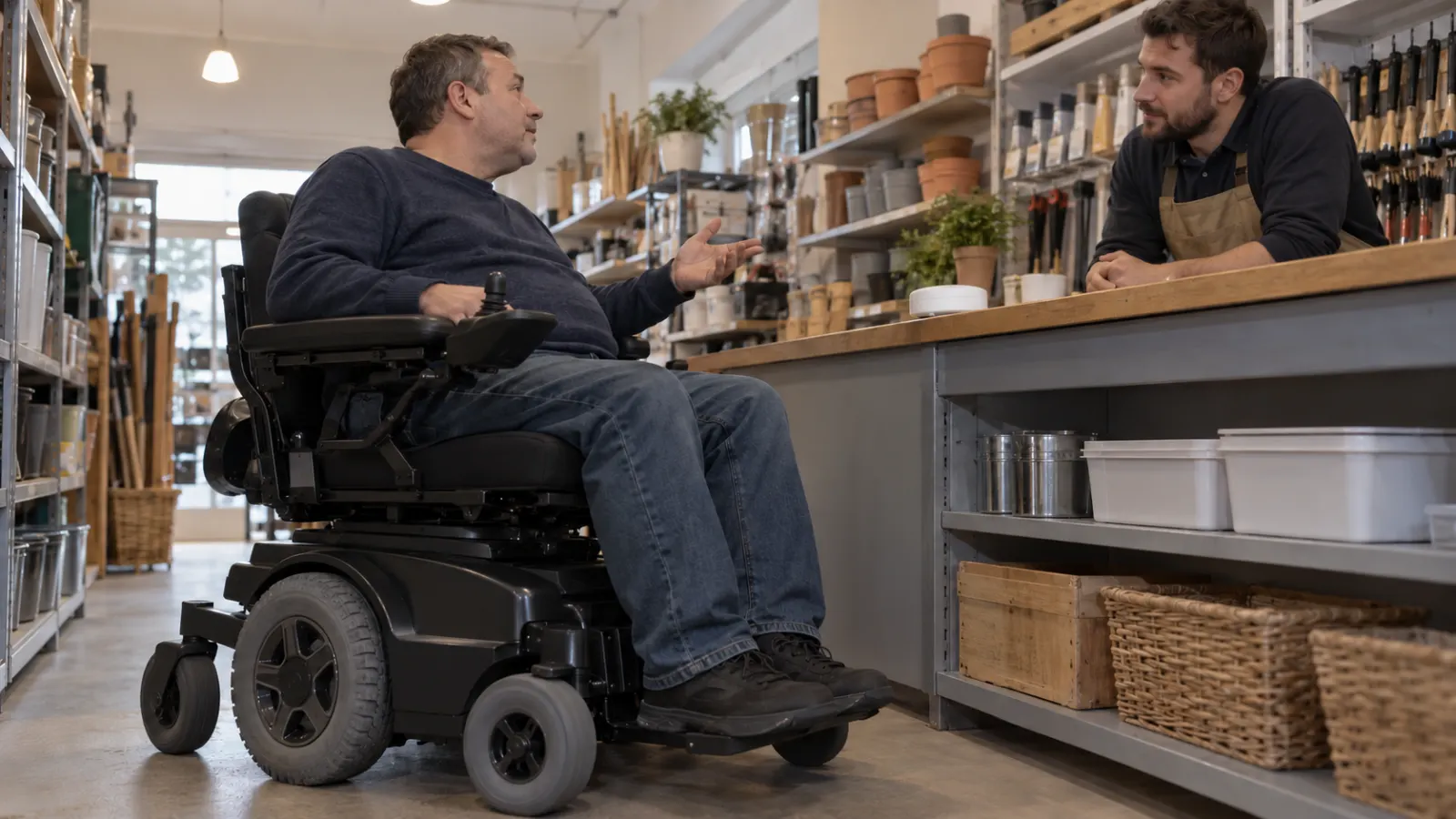 A power wheelchair user speaks with a worker in a hardware shop.