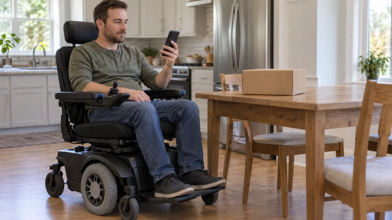 Man in a power wheelchair checking his smartphone beside a sealed cardboard package on a dining table