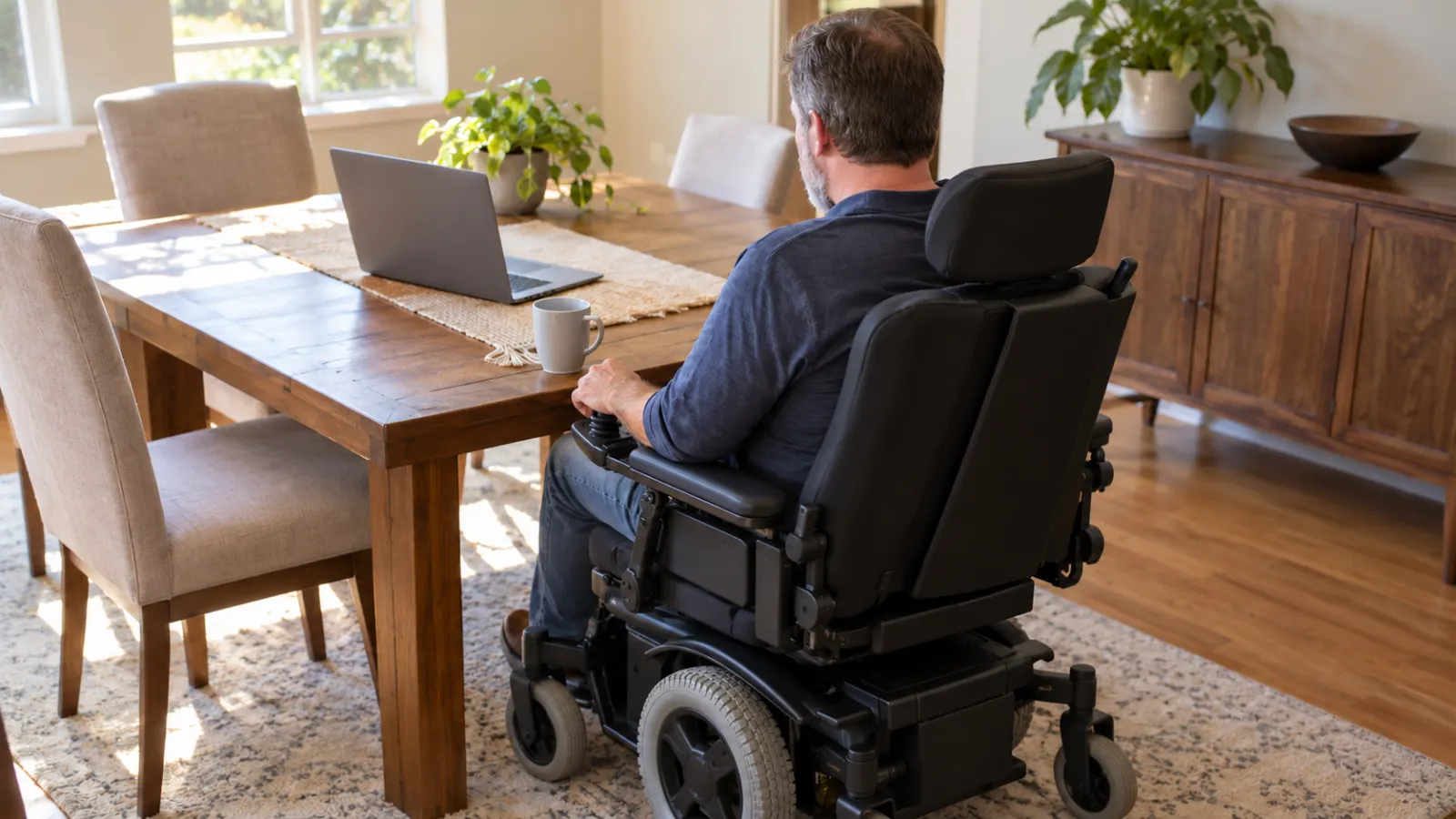 A power wheelchair user at a laptop in a dining room.