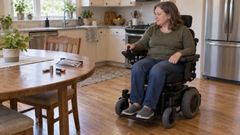 Woman in a power wheelchair beside a kitchen table with several household batteries