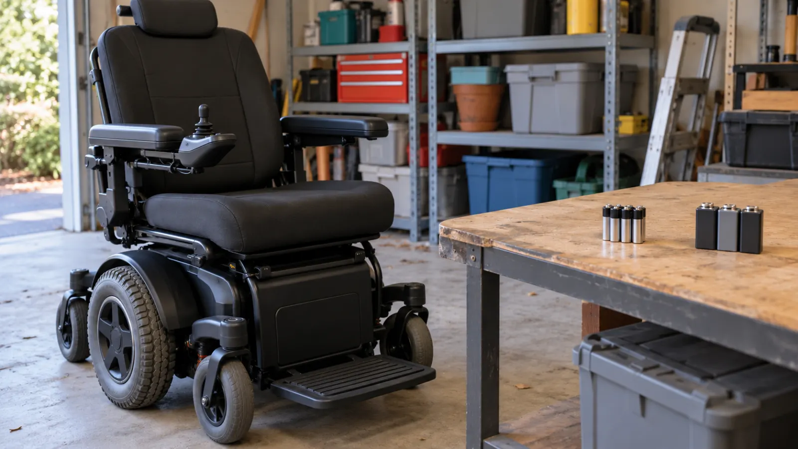 An electric power wheelchair beside separated household batteries.