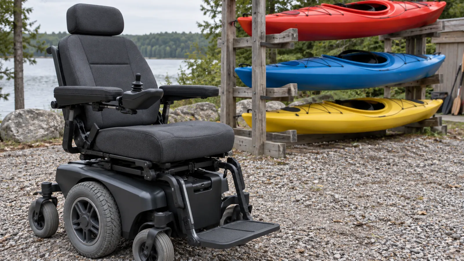 Silla de ruedas eléctrica negra junto a kayaks rojos, azules y amarillos en estanterías de madera cerca de un lago.