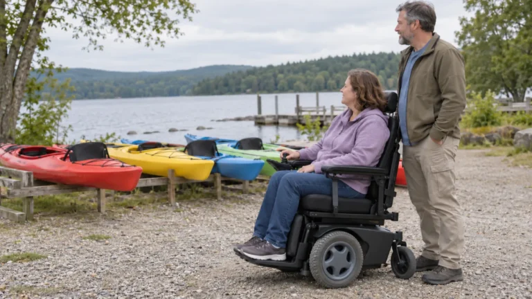 Power wheelchair user and companion beside colorful kayaks on a lakeside gravel shore.