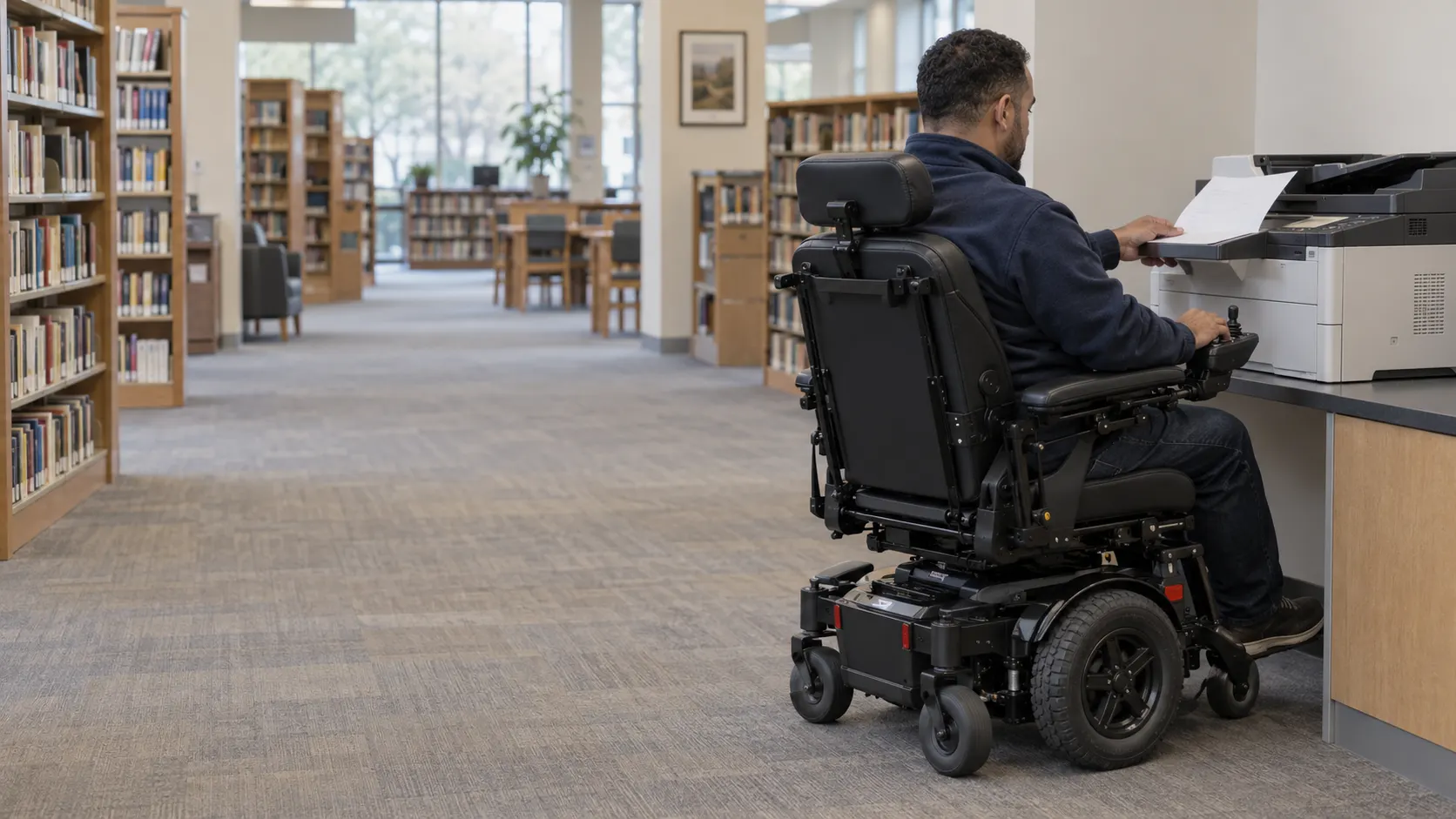 Un hombre en una silla de ruedas motorizada recoge un documento impreso de una fotocopiadora en el mostrador de una biblioteca con estanterías de libros al fondo.