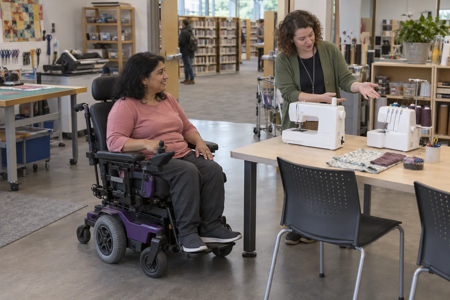 A power wheelchair user and staff member discuss sewing equipment in a library makerspace.