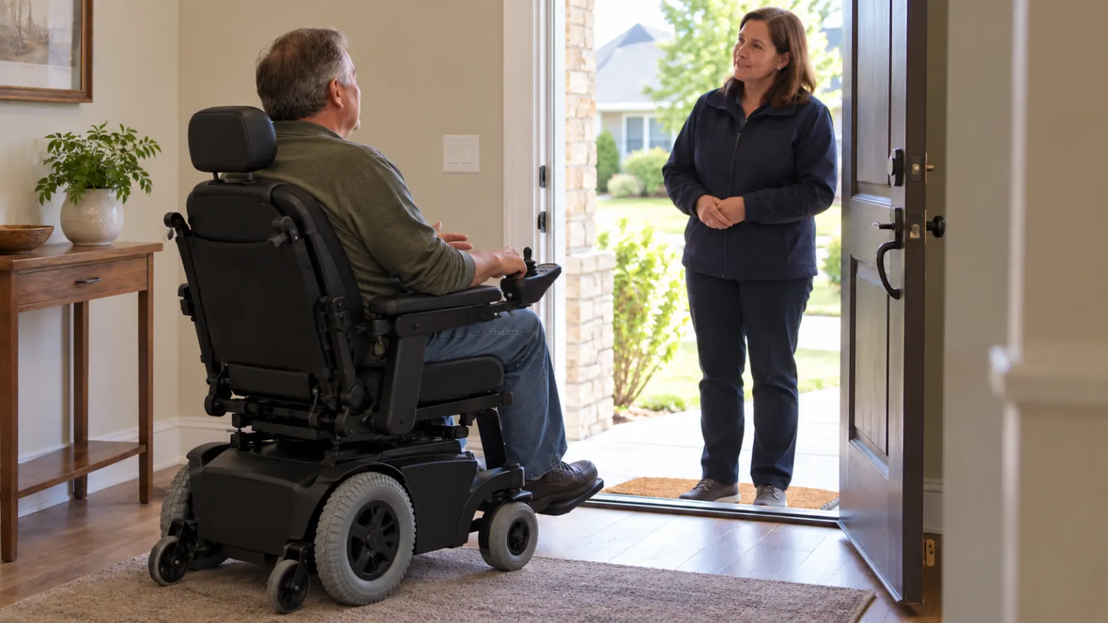 A power wheelchair user speaks with a visitor at a home entrance.
