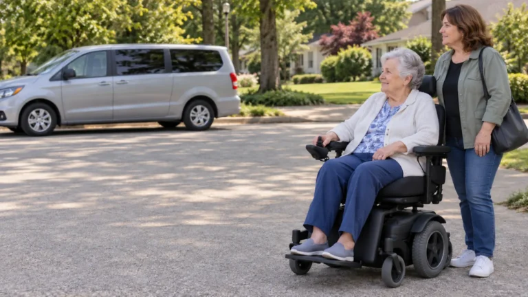 Power wheelchair user and companion on a residential street with a silver minivan parked behind them.