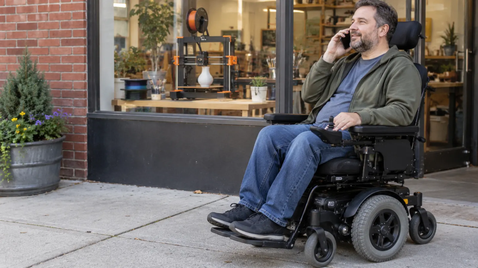 A power wheelchair user makes a phone call outside a makerspace.