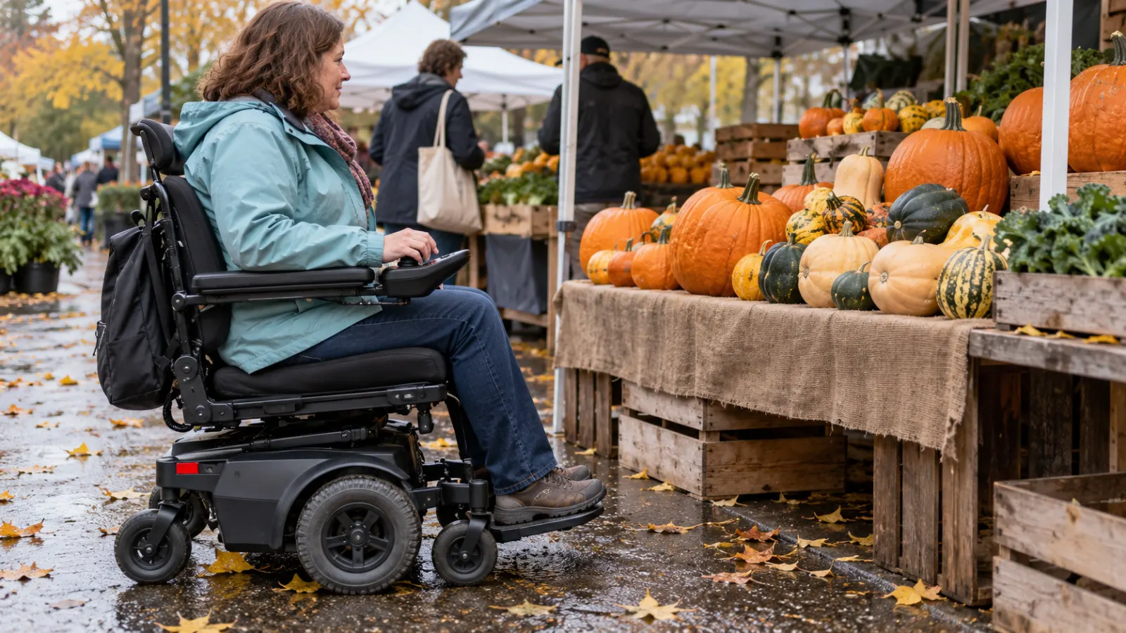A power wheelchair user beside a market stall with pumpkins.