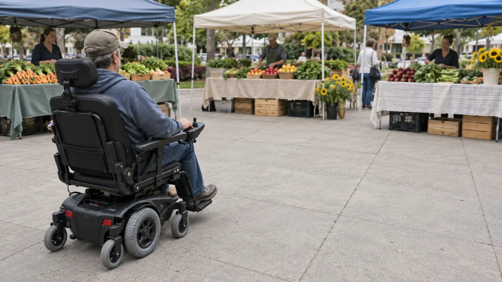 A power wheelchair user faces several produce stalls.