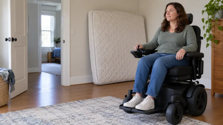 Woman in a power wheelchair beside an upright mattress inside a home