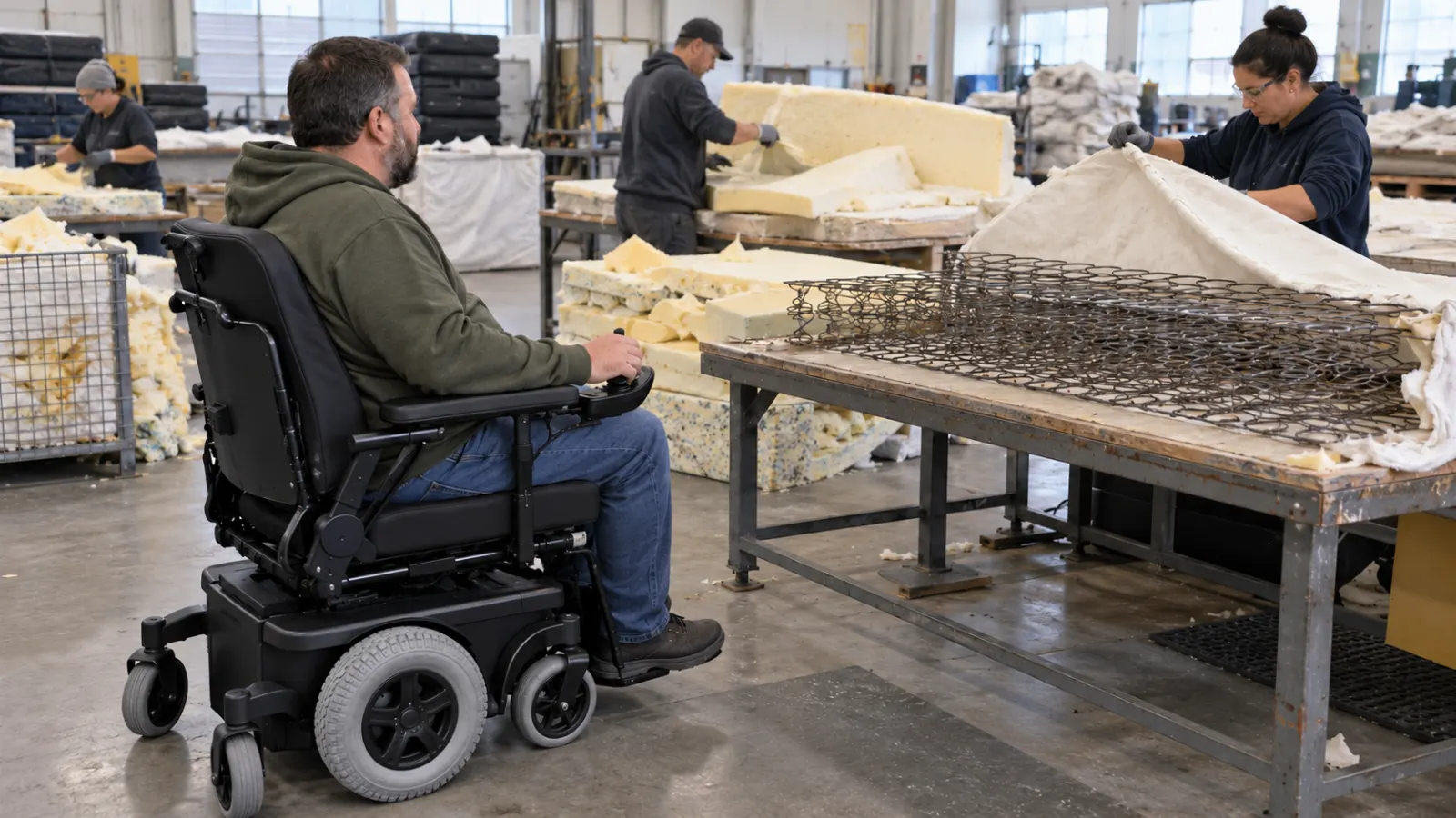 Workers handling mattress foam and exposed metal springs on workshop tables with a power wheelchair user nearby