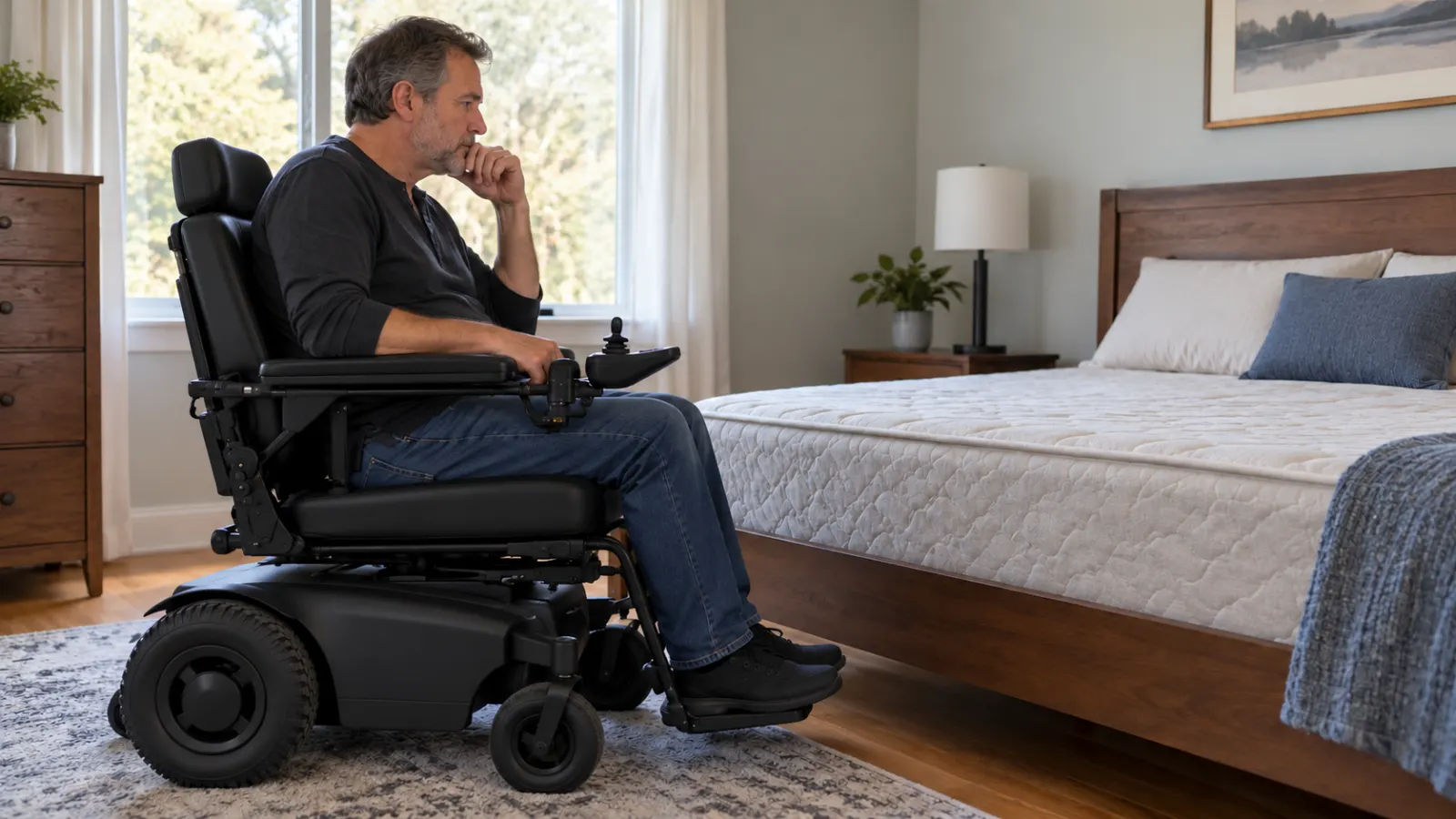 Man in a power wheelchair beside a bed with a white mattress in a bedroom