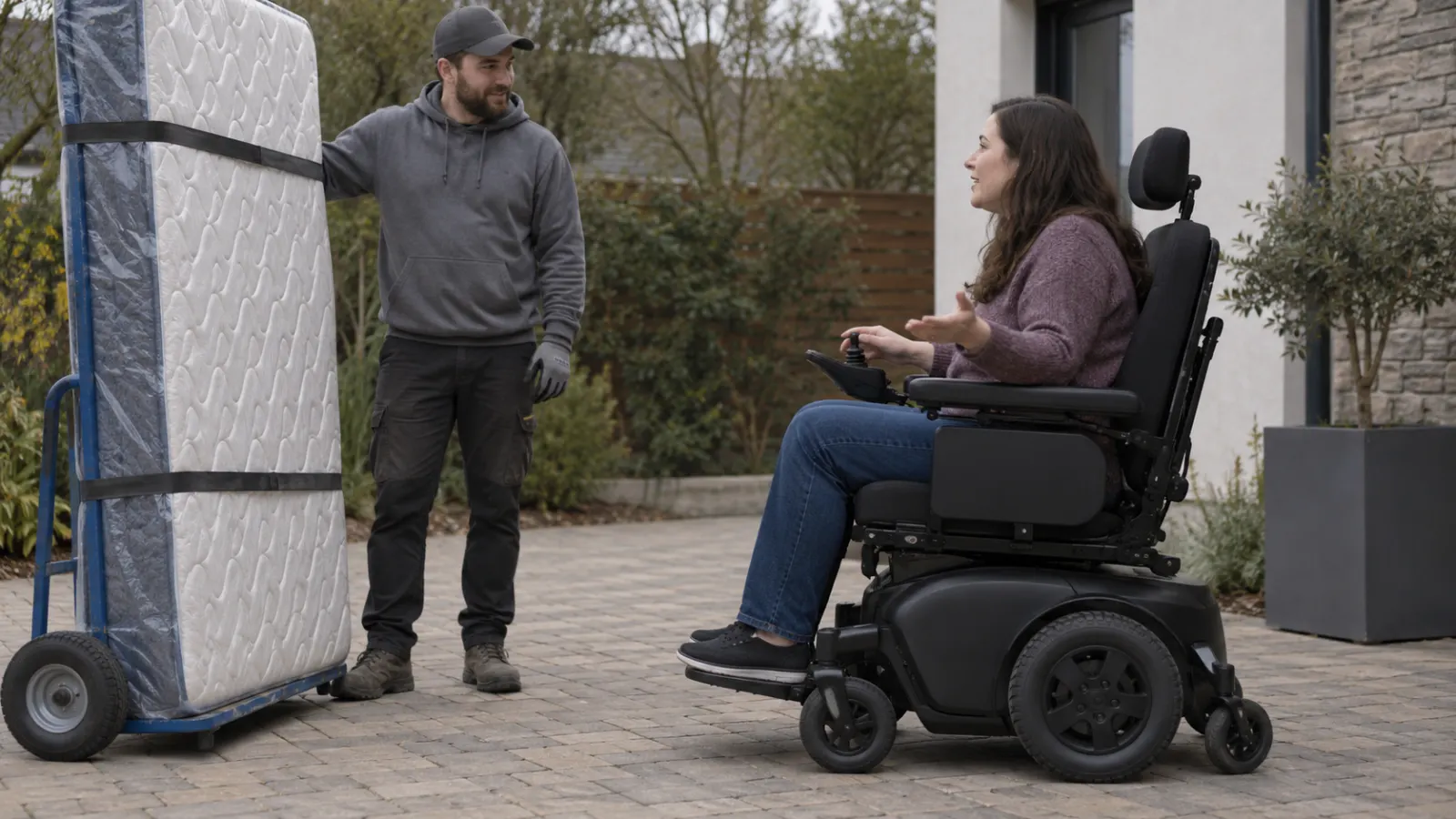 Worker beside a wrapped mattress on a hand truck speaking with a woman in a power wheelchair outdoors