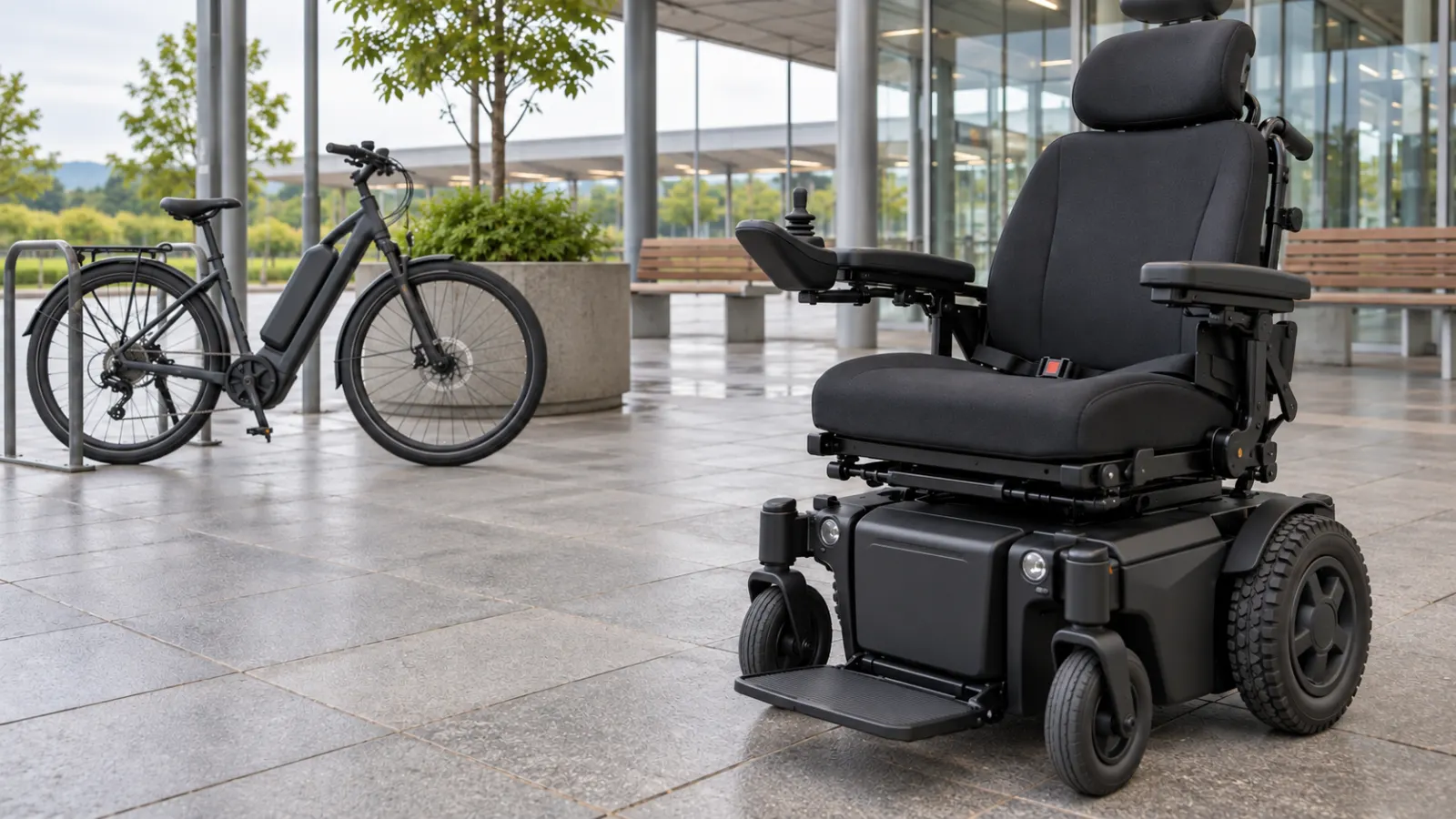 Black power wheelchair in the foreground with a gray e-bike near a bicycle rack outside a glass-fronted building.