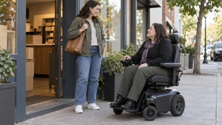 Woman in a power wheelchair talking with a standing companion outside a storefront entrance