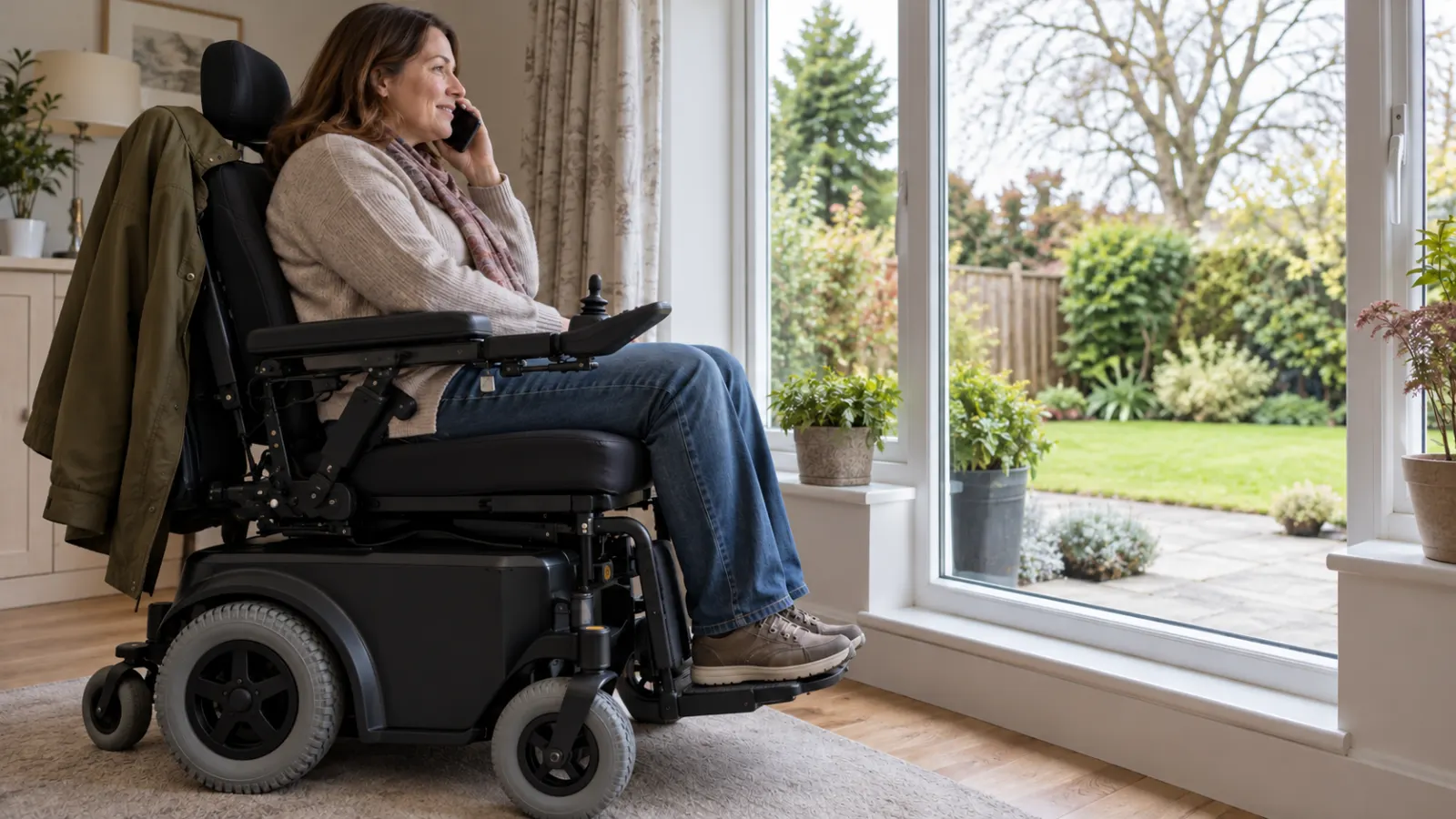 Woman using a power wheelchair while making a phone call beside a large window at home