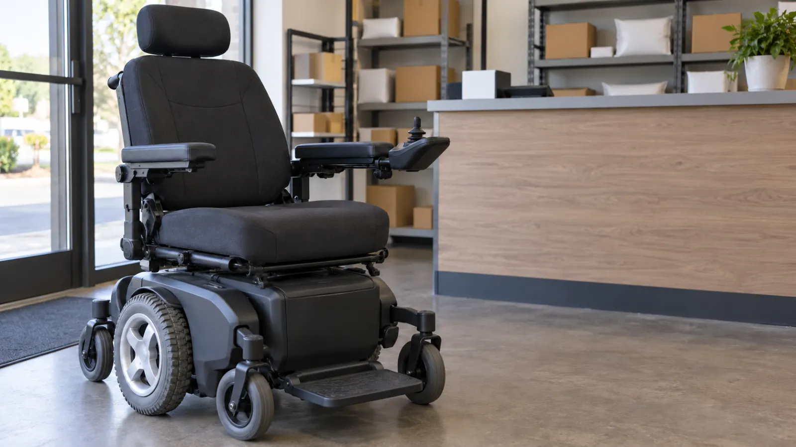 Black electric power wheelchair near a parcel service counter with shelves of cardboard boxes in the background