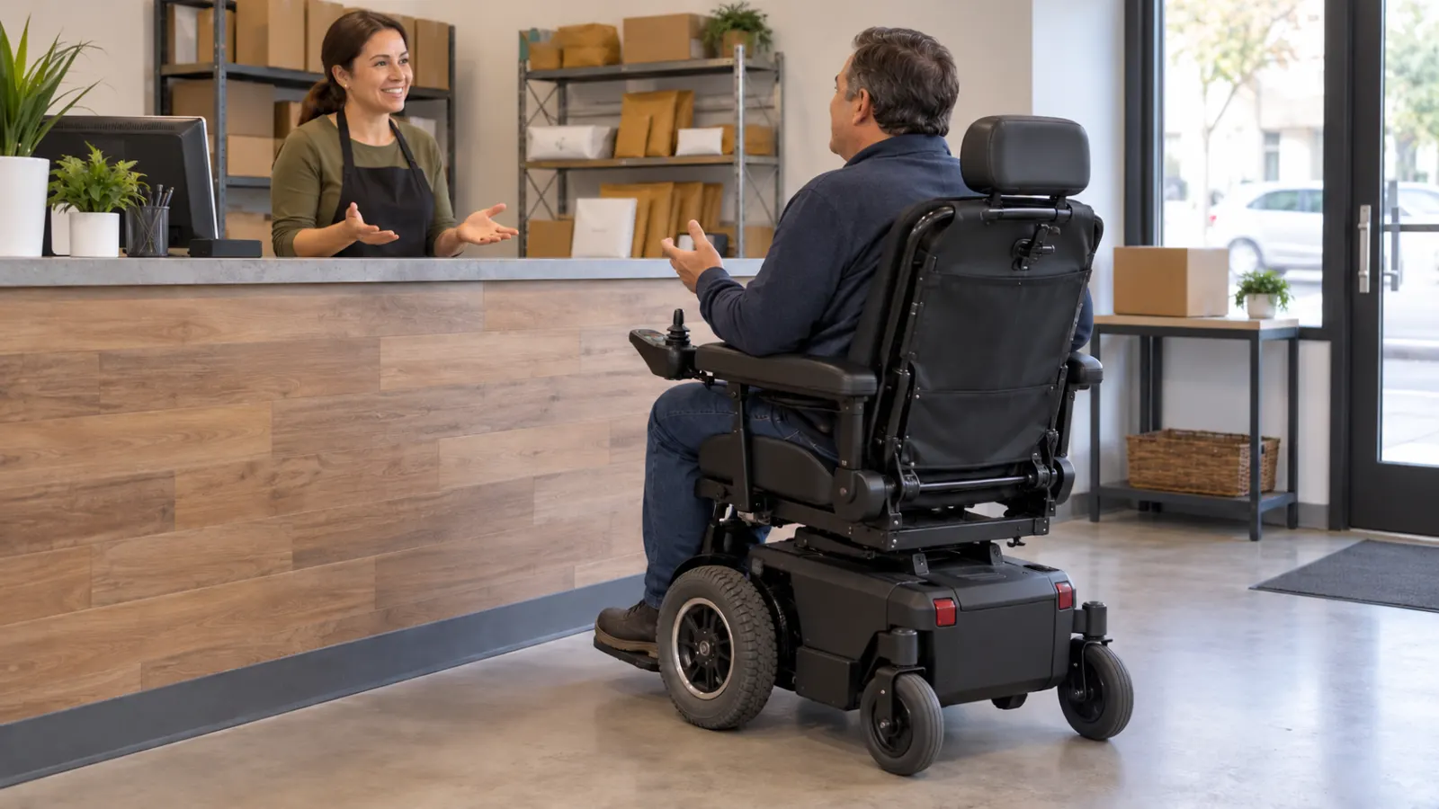 Man in a power wheelchair speaking with a store employee behind a parcel service counter