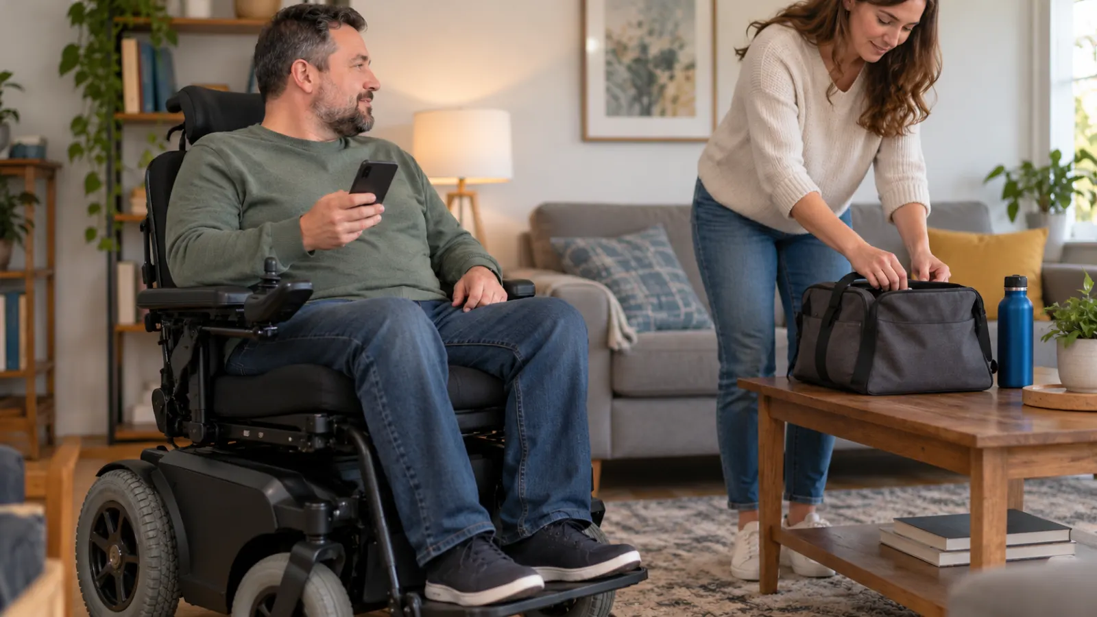 Man in a power wheelchair holding a smartphone while a woman prepares a black travel bag in a living room