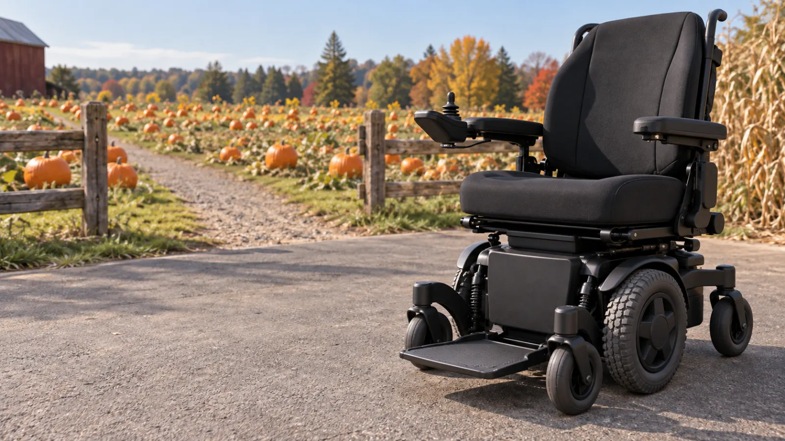 Una silla de ruedas eléctrica junto a un camino de un campo de calabazas.