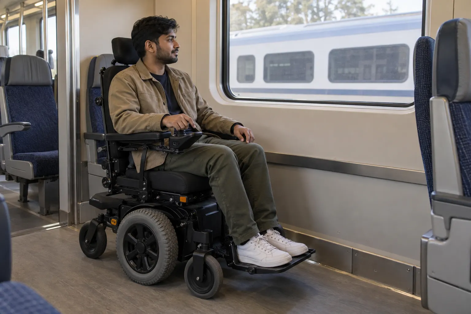 Um homem em uma cadeira de rodas motorizada está sentado ao lado da janela de um trem de passageiros.