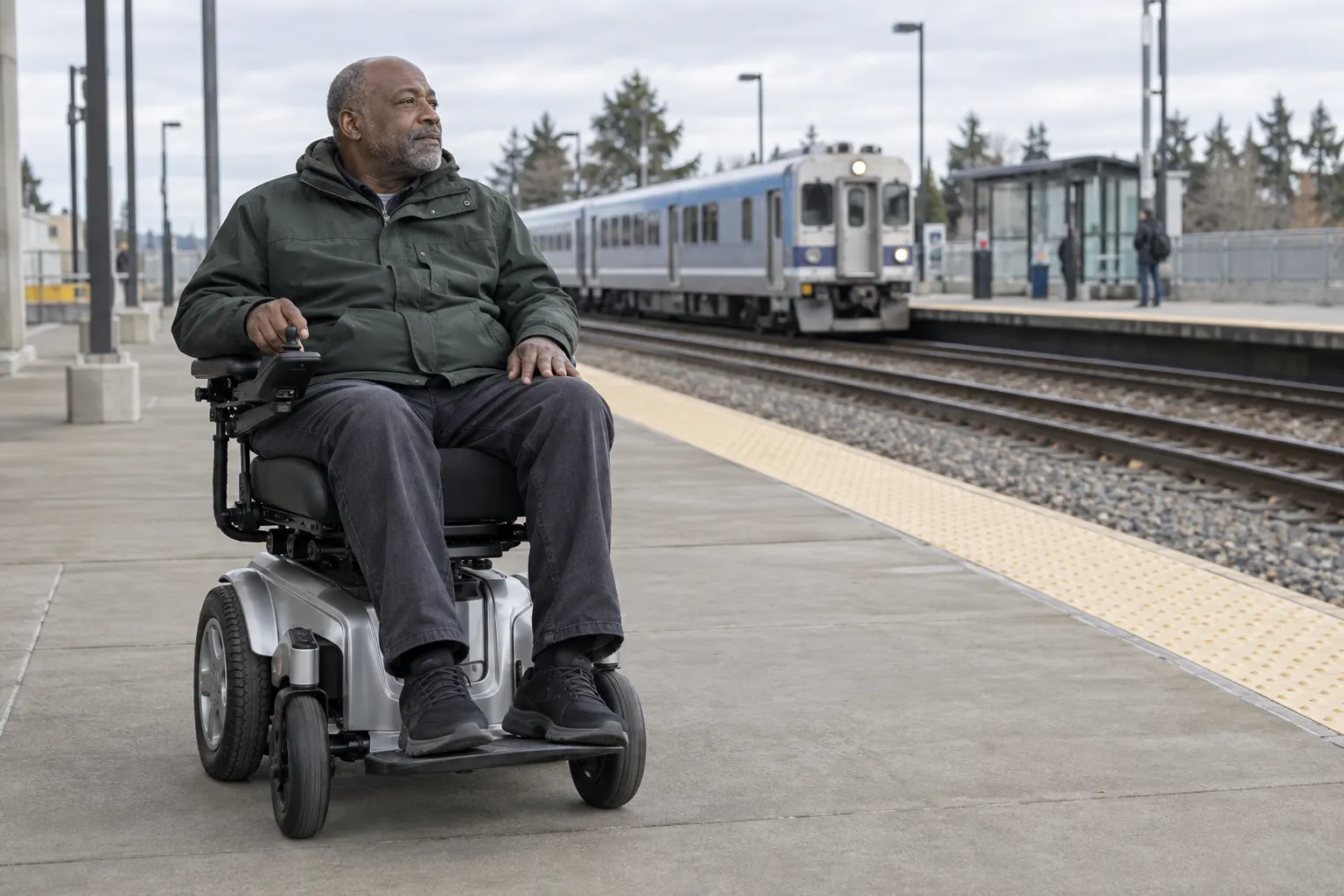 Um homem em uma cadeira de rodas motorizada espera em uma plataforma ferroviária.