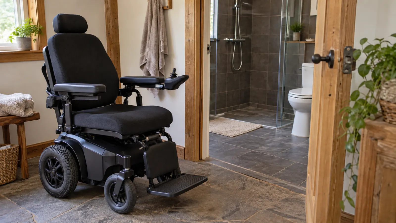 Una silla de ruedas eléctrica junto a la puerta abierta de un baño, con un inodoro y una mampara de ducha de vidrio visibles.