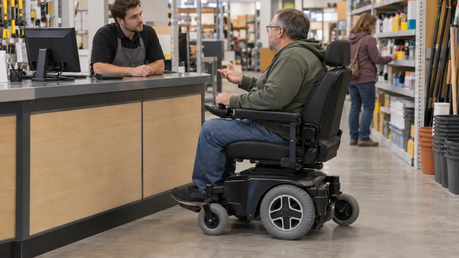 Man using an electric power wheelchair speaking with a worker at a hardware store counter
