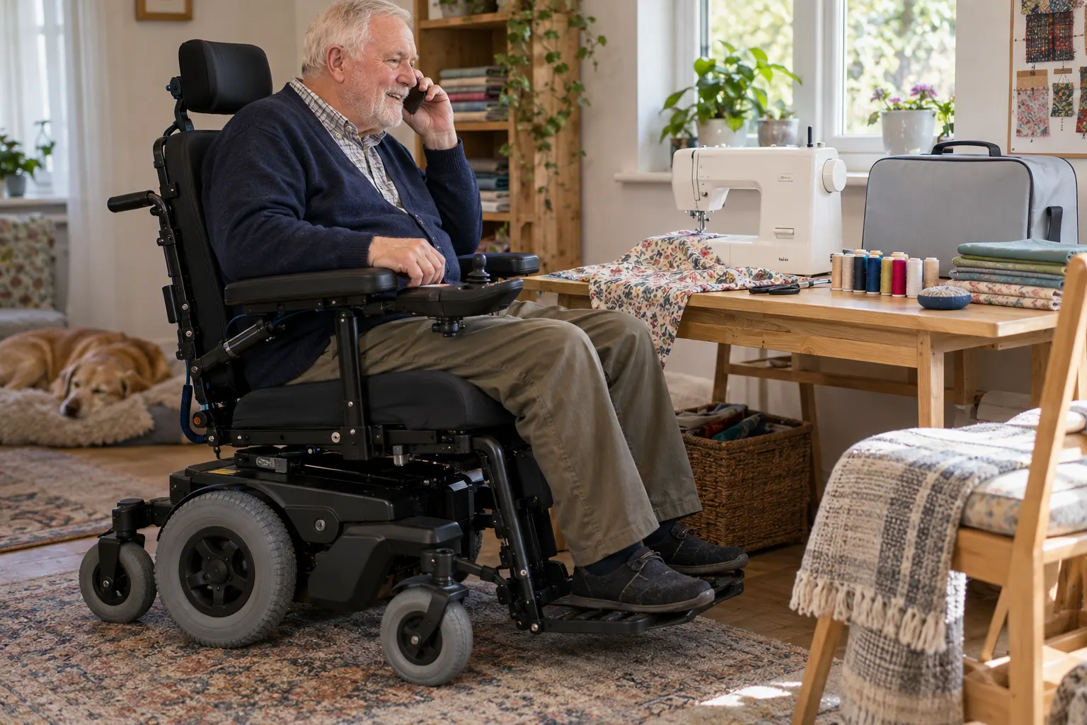 A power wheelchair user talks on the phone beside a sewing machine.