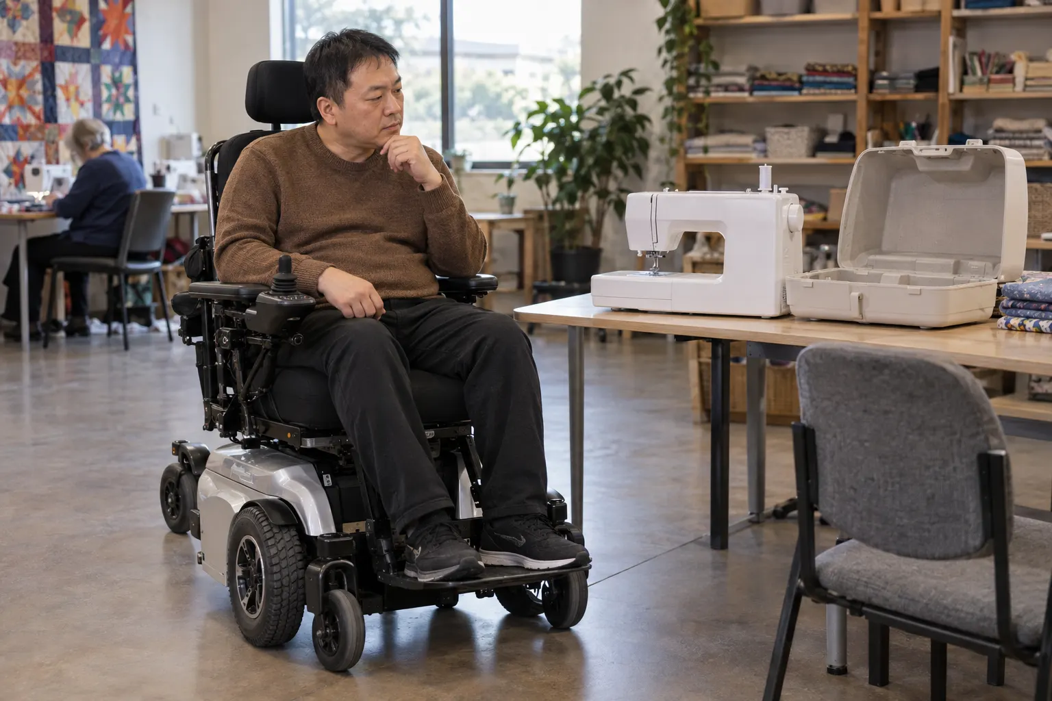 A power wheelchair user looks at a sewing machine and its carrying case.