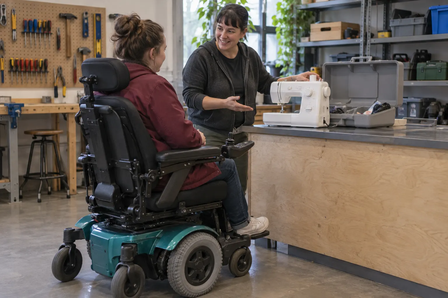 A staff member discusses a sewing machine with a power wheelchair user.