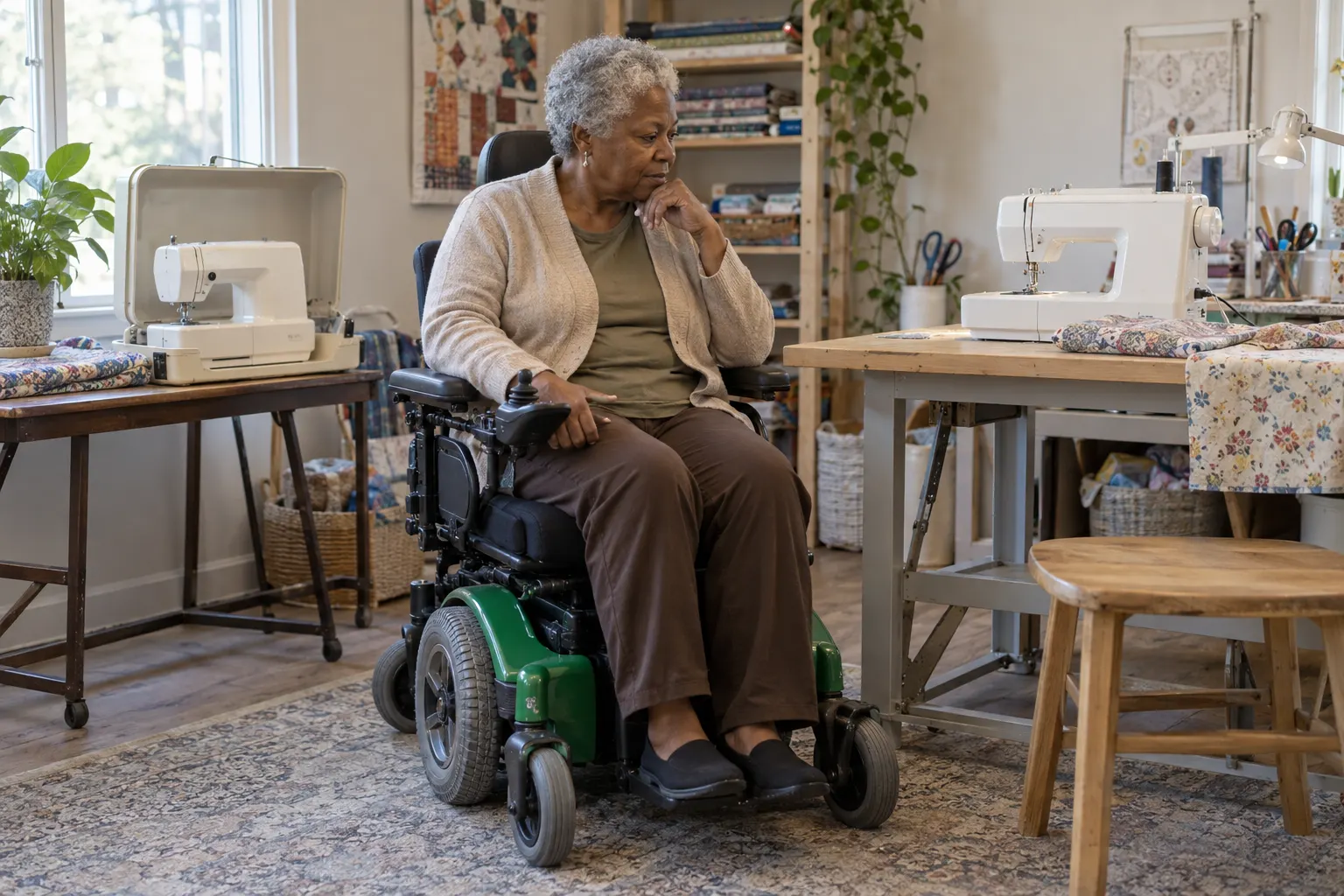 A woman in a power wheelchair sits between two sewing stations.