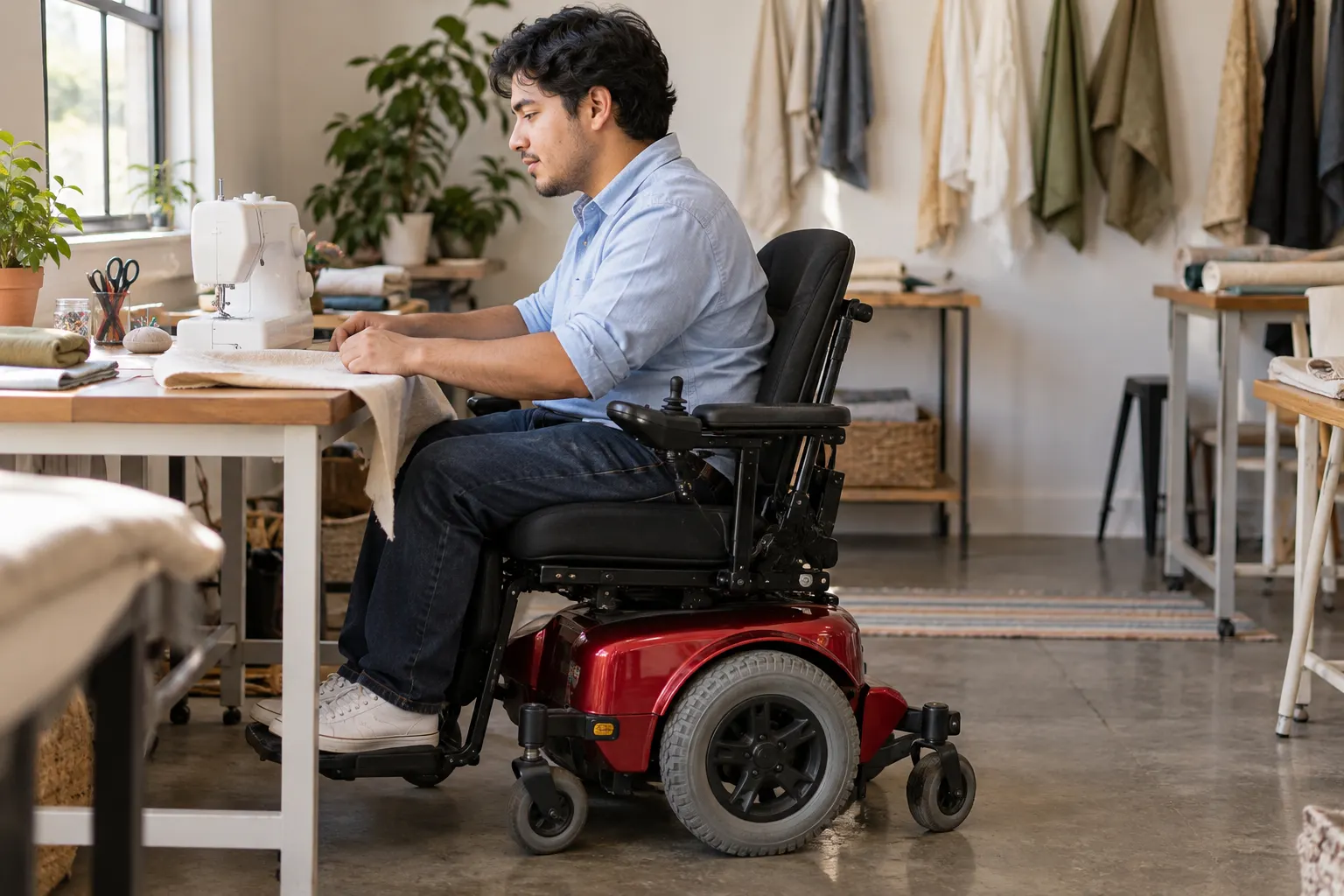 A power wheelchair user arranges fabric at a sewing table.