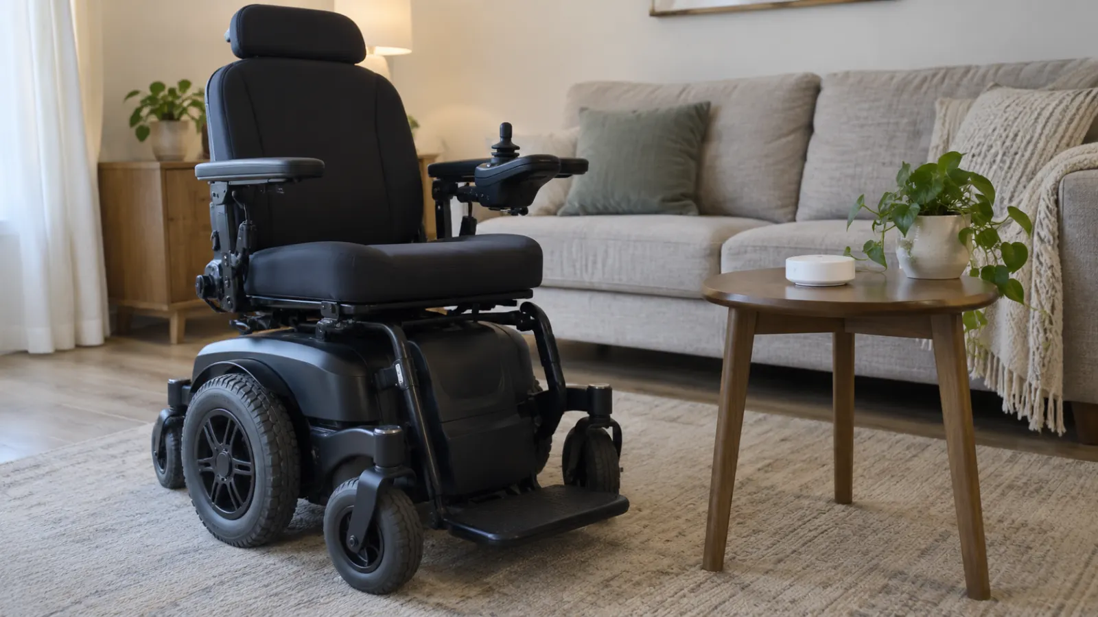 An electric power wheelchair beside a small round device on a table.