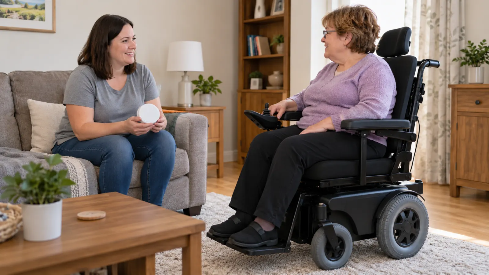 A power wheelchair user speaks with a visitor holding a small round device.