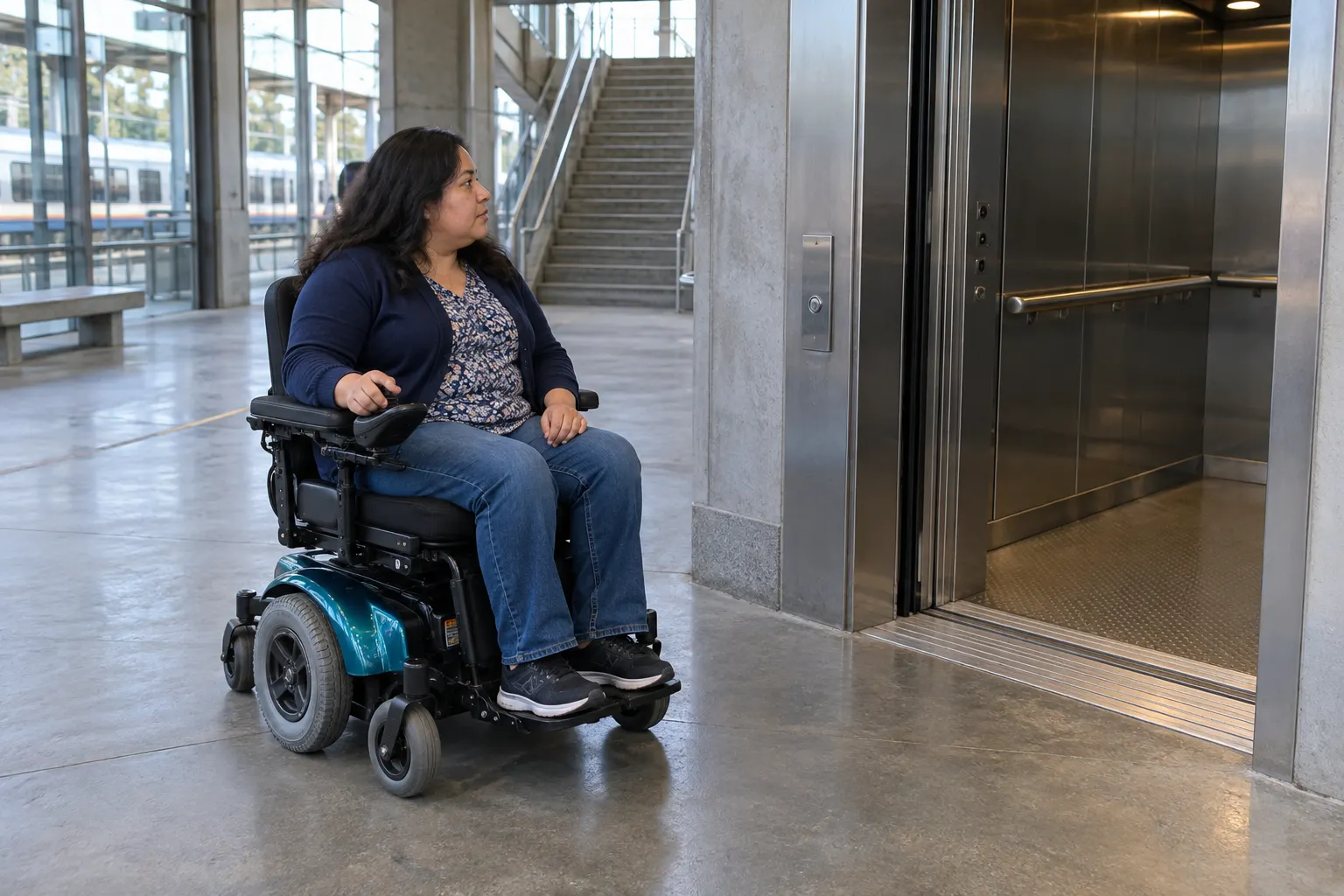 Um usuário de cadeira de rodas motorizada espera ao lado de um elevador de estação aberto.