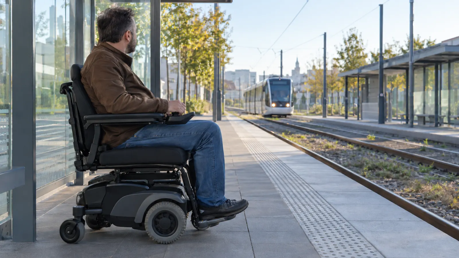 A power wheelchair user waits beside a tram platform.