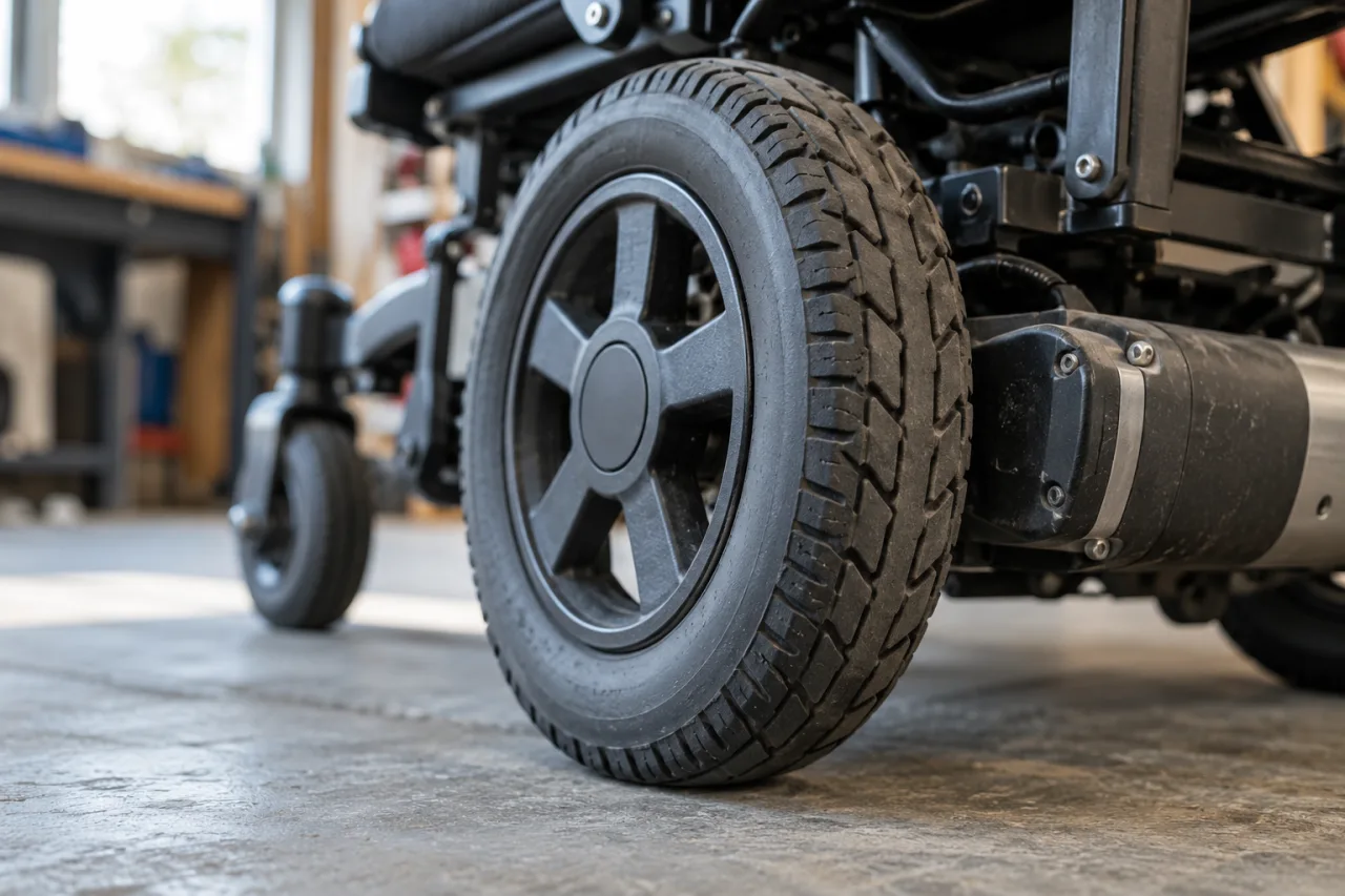 Primer plano de una rueda motriz de silla de ruedas eléctrica negra con un neumático grueso con banda de rodadura y conjunto de motor