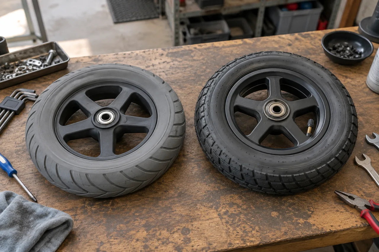 Dos ruedas de silla de ruedas desmontadas sobre un banco de trabajo, que muestran diferentes patrones de banda de rodadura y una válvula de neumático visible