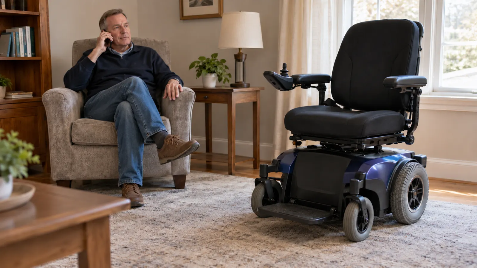 Man sitting in an armchair and making a phone call beside an unoccupied electric power wheelchair