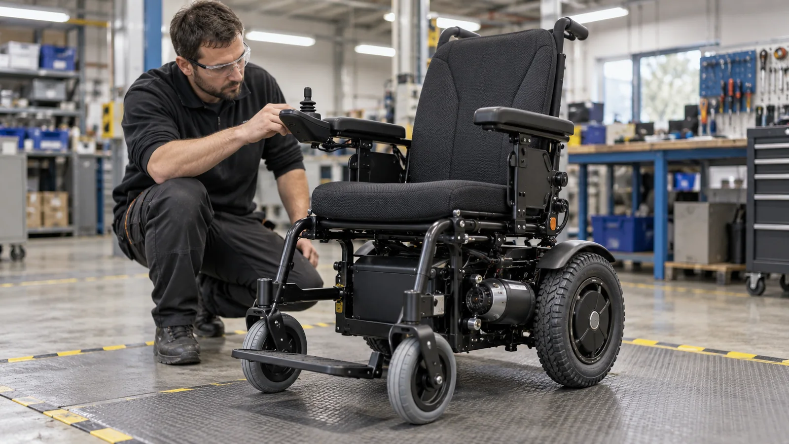 Technician examining an electric wheelchair with a joystick in a workshop