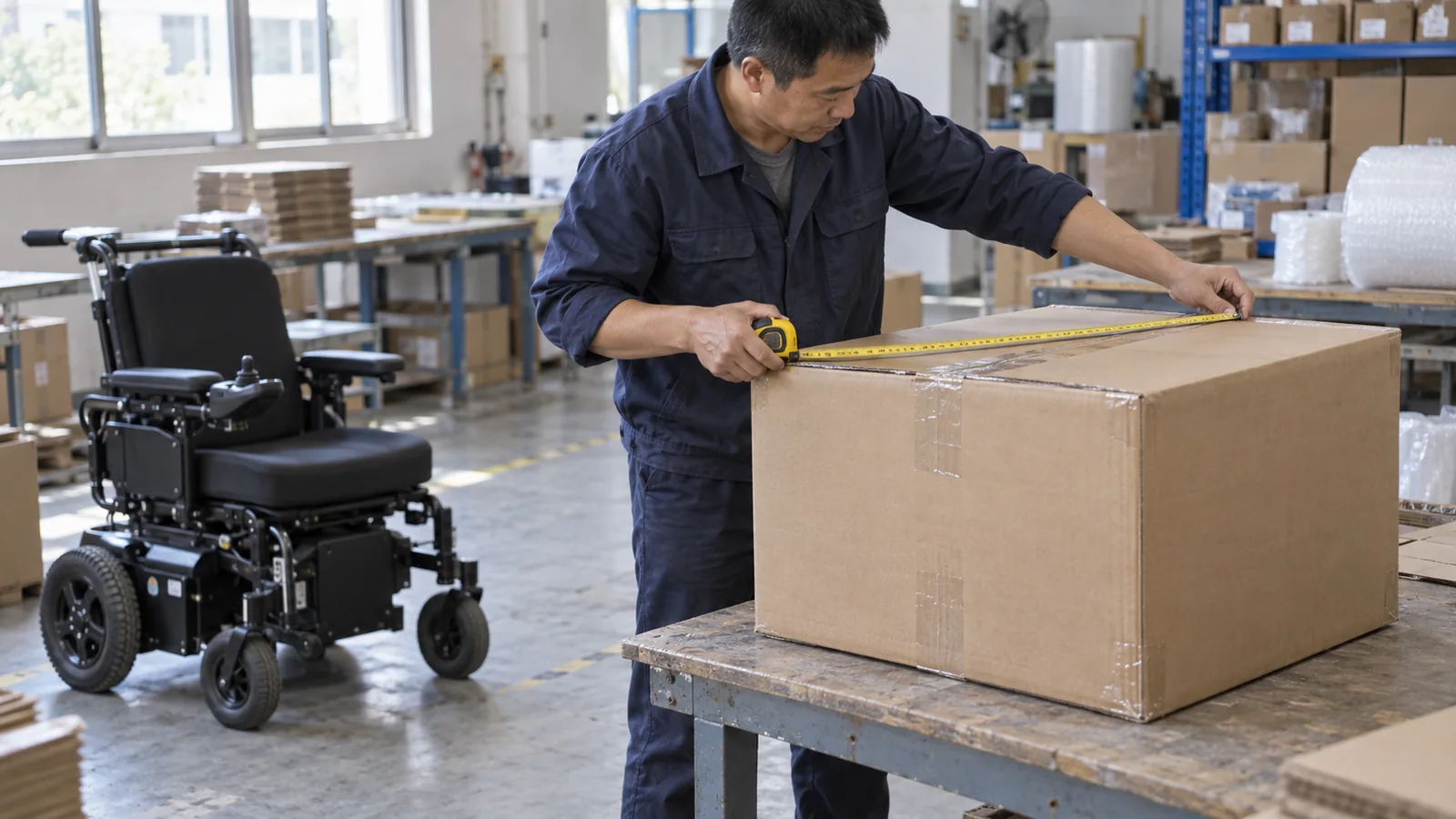 Worker measuring the top of a shipping carton with an electric wheelchair in the background