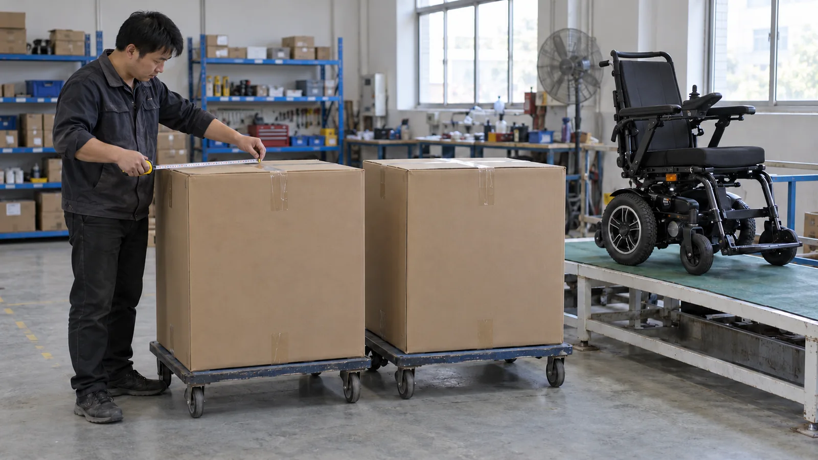 Worker measuring one of two shipping cartons with an electric wheelchair in the background