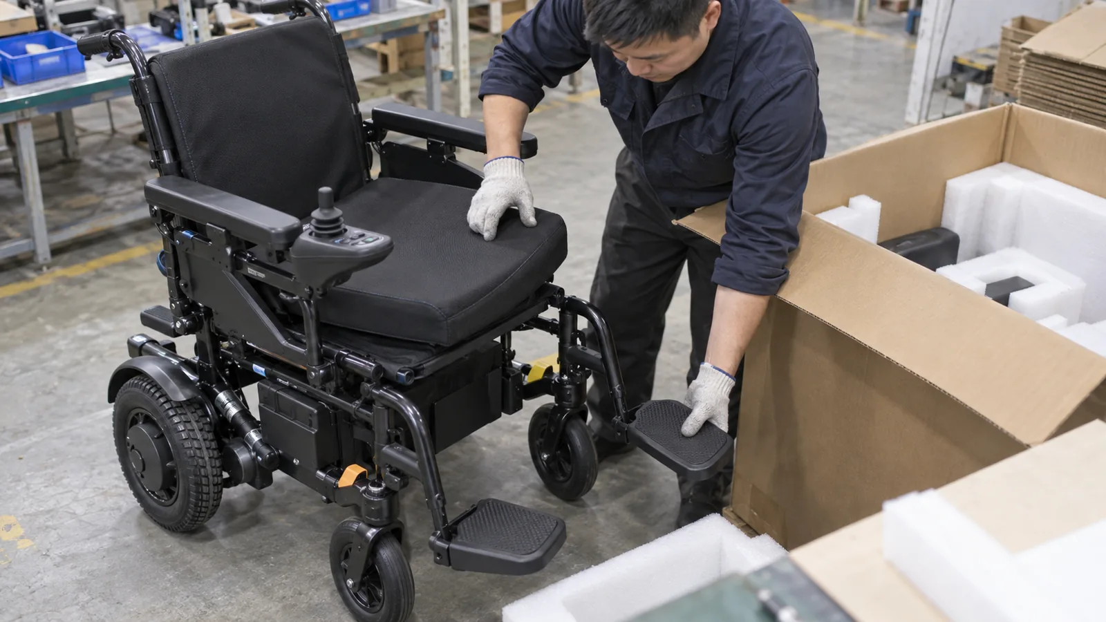 Worker beside an electric wheelchair and an open carton with foam inserts
