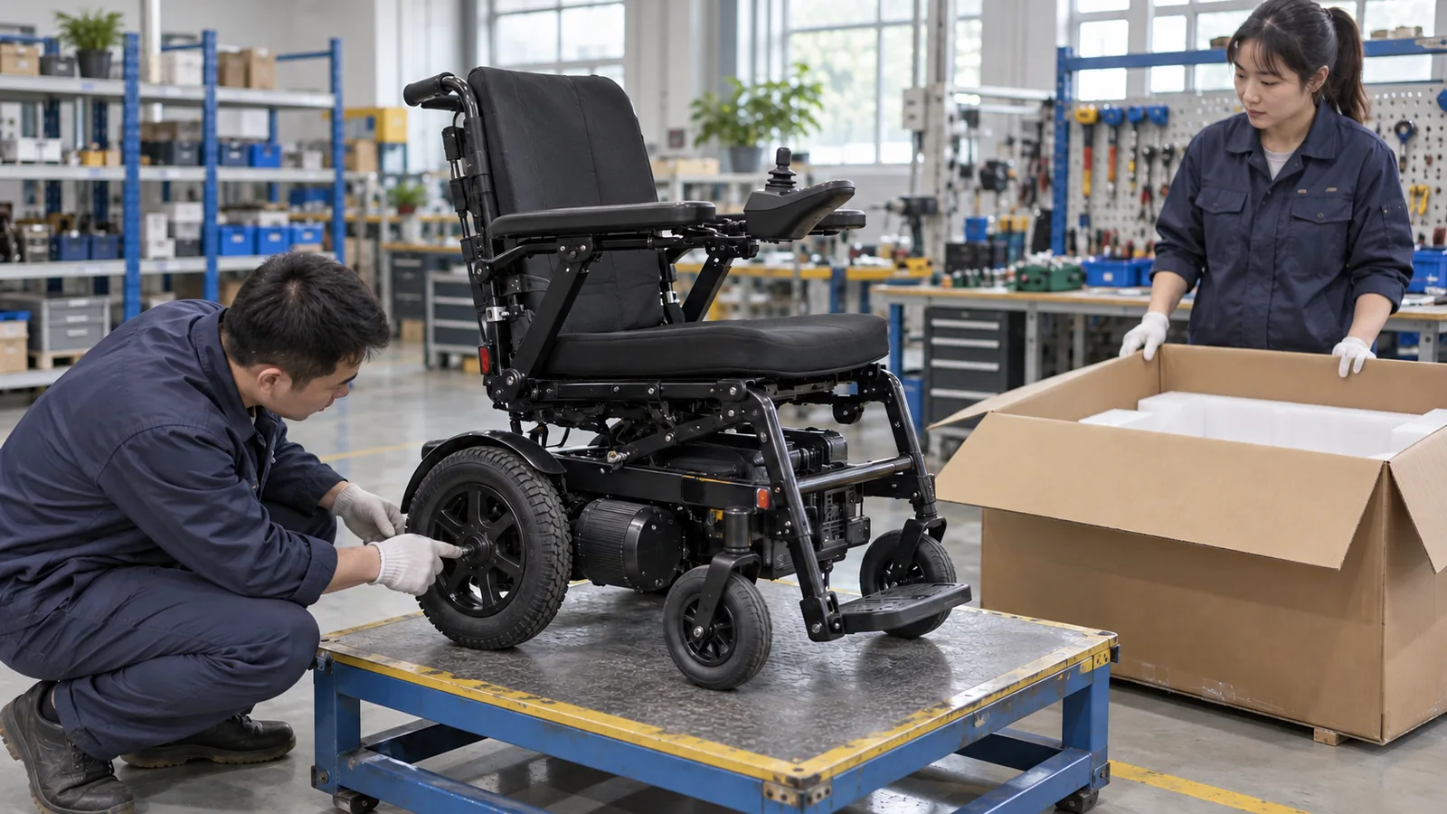 Two workers beside an electric wheelchair and an open packing carton in a workshop