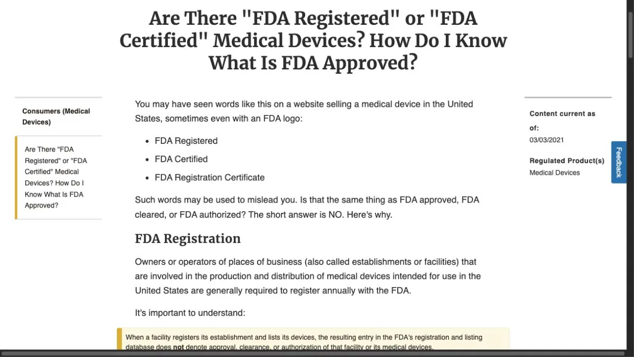 Page grand public de la FDA expliquant que la formulation relative à l'enregistrement et à la certification n'établit pas l'approbation d'un dispositif médical.