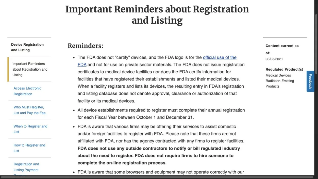 Capture d'écran d'une page web de la FDA intitulée Important Reminders about Registration and Listing, précisant que l'agence ne certifie pas les dispositifs et ne recourt pas à des sous-traitants externes